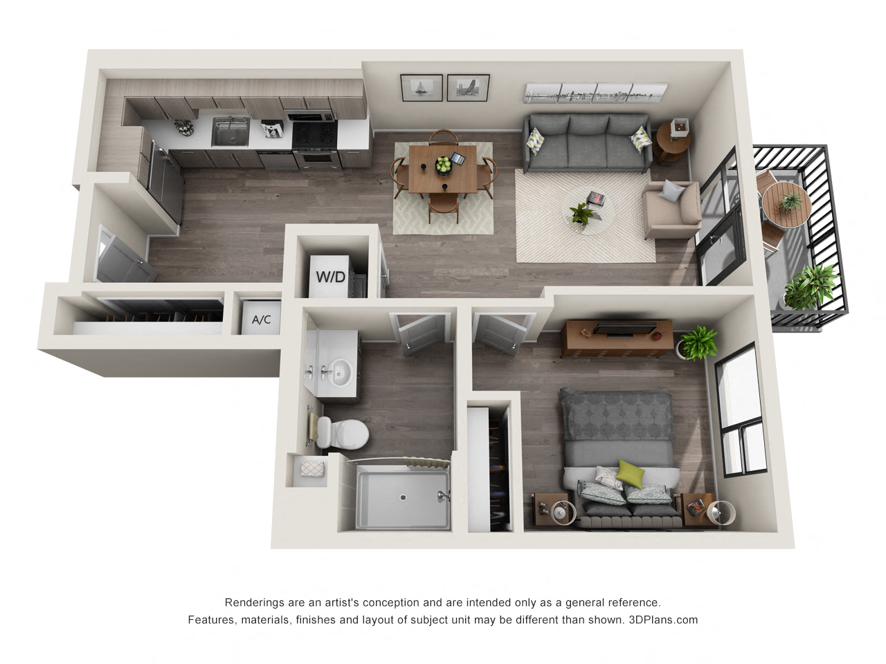 Floor plan for 1 bed, 1 bath, 687 sqft